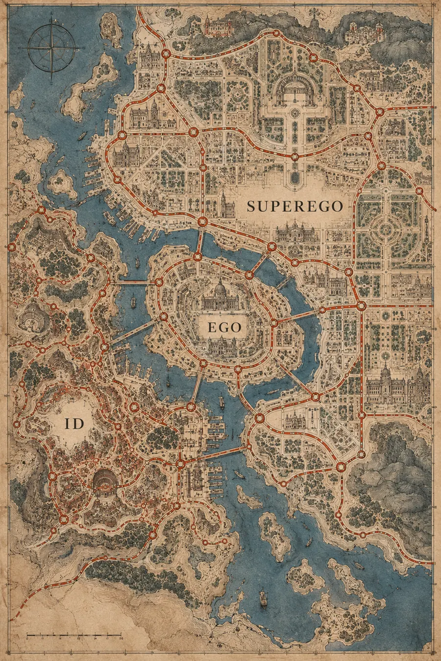 Mapa ilustrado de uma cidade com três regiões: id, ego e superego, ligadas por pontes e caminhos